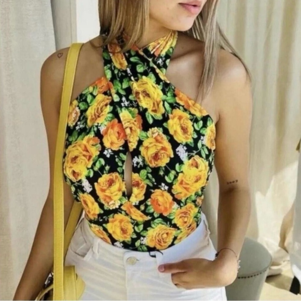 ZARA Cross Front Halter Bodysuit Yellow Roses Floral Print Size M NWT